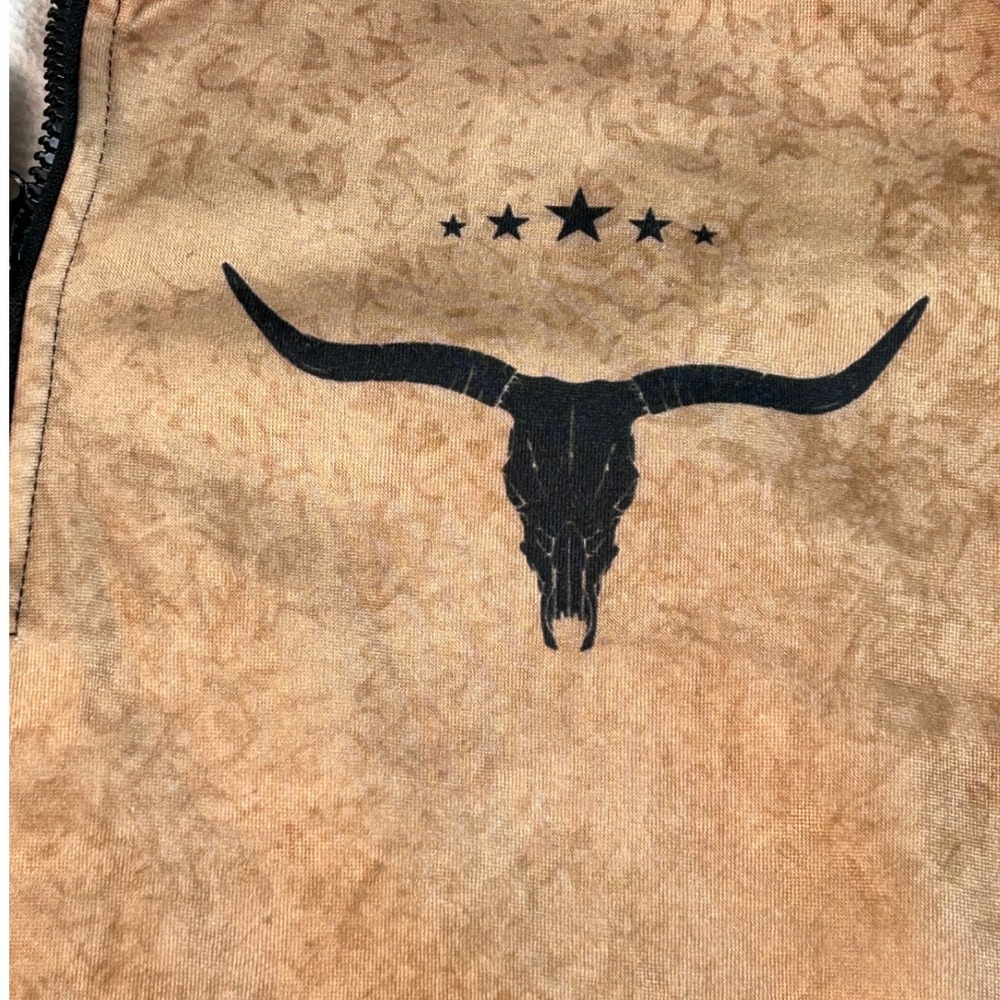 Mens Western Longhorn Skull Quarter Zip Fleece Pullover Tan XL Kangaroo Pocket - Picture 2 of 8